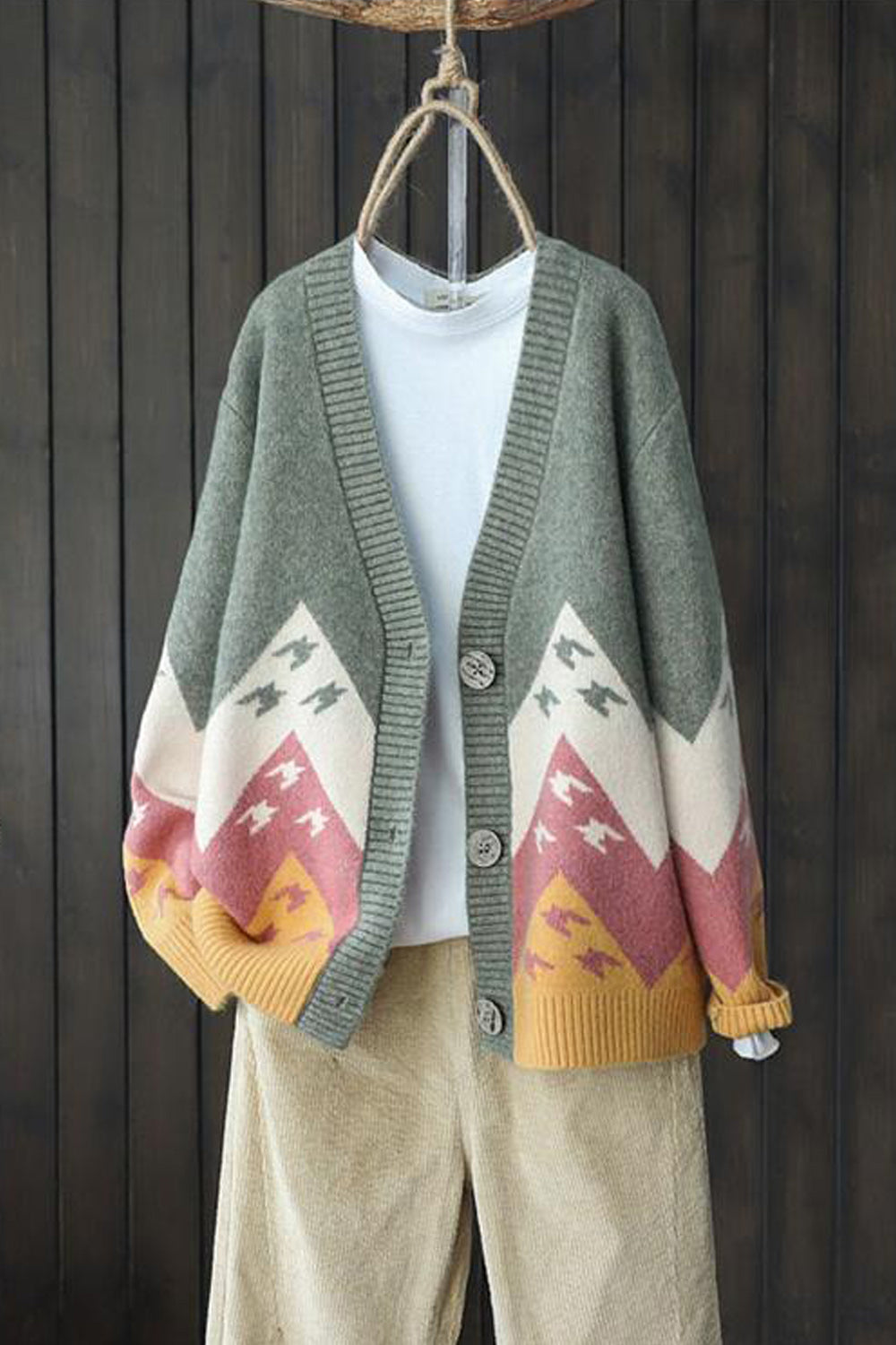 Women Tremendous Printed Pattern V-Neck Button Closure Long Sleeve Mid Length Cozy Casual Cardigan