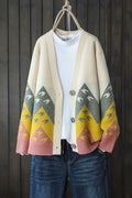 Women Tremendous Printed Pattern V-Neck Button Closure Long Sleeve Mid Length Cozy Casual Cardigan