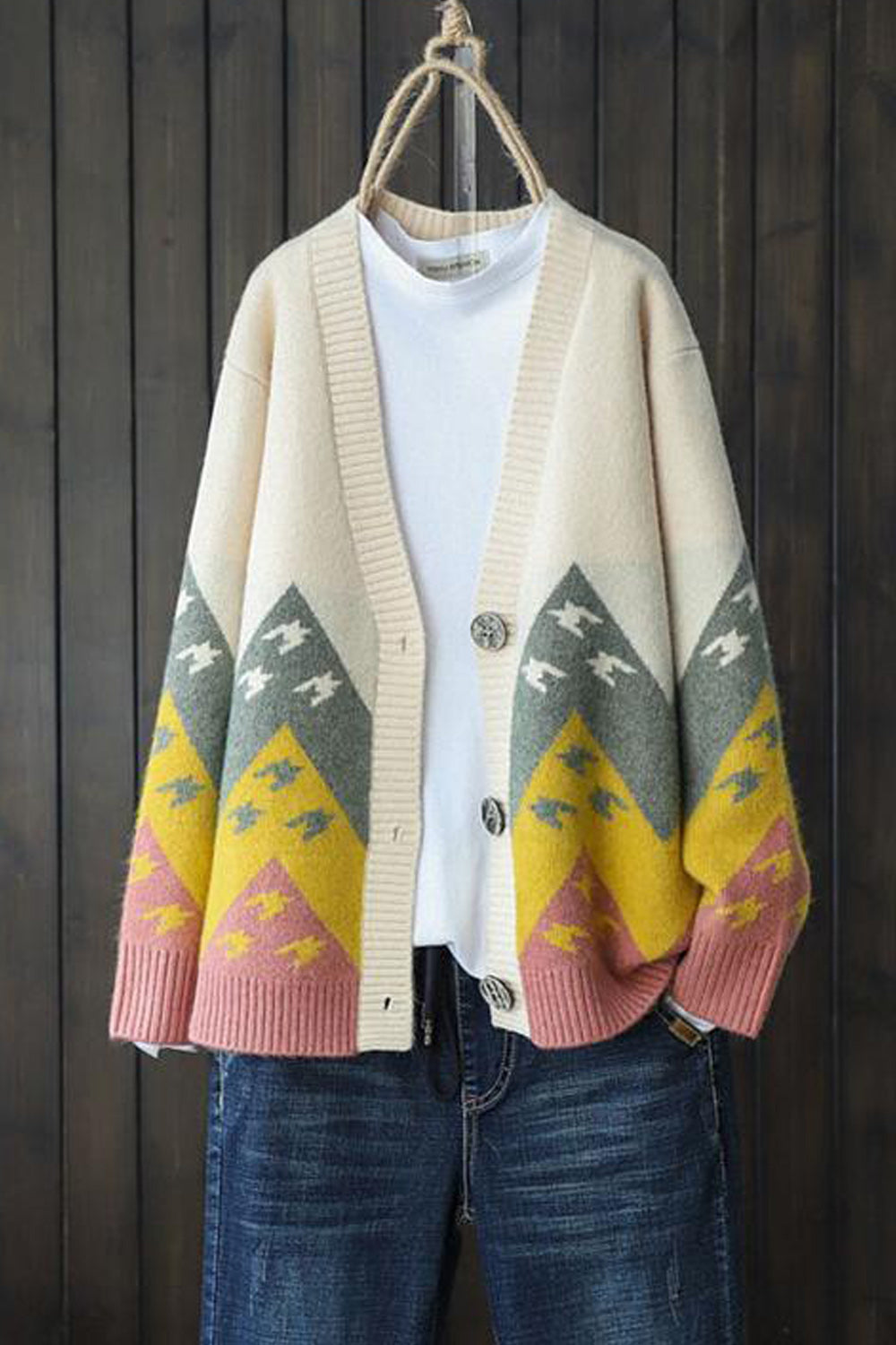Women Tremendous Printed Pattern V-Neck Button Closure Long Sleeve Mid Length Cozy Casual Cardigan