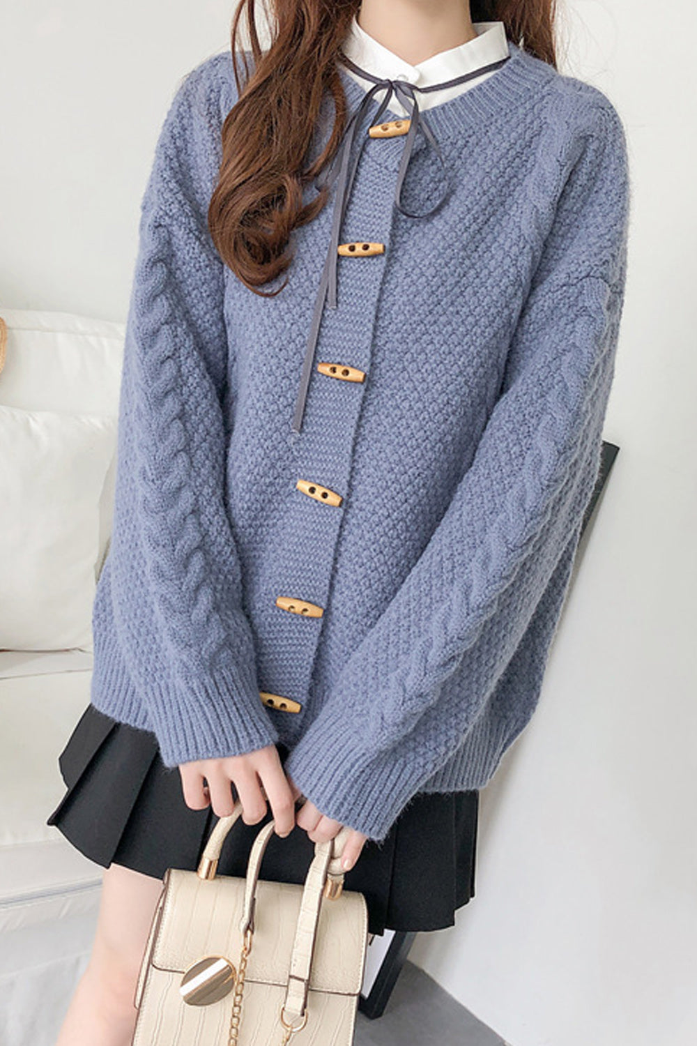 Women Beautiful Solid Pattern Style Button Closure Long Sleeve Round Neck Warm Cardigan