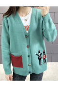 Women Beautiful Warm Long Sleeve Cartoon Printed V-Neck Stylish Button Closure Cardigan
