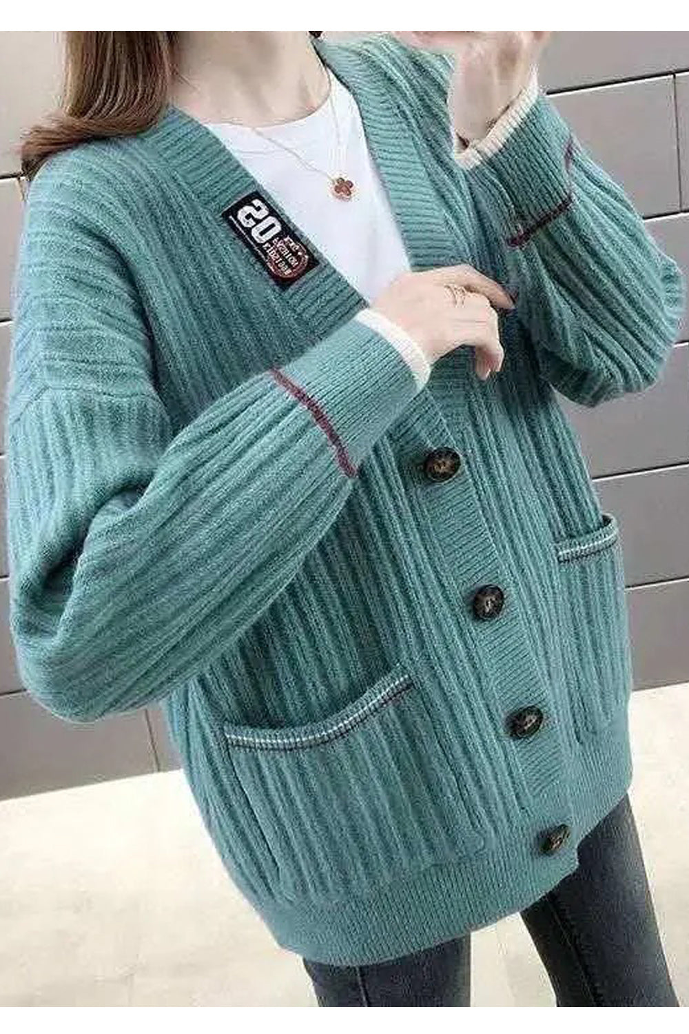 Women Knitted Ribbed Cuff V-Neck Button Closure Solid Pattern Weekend Cardigan