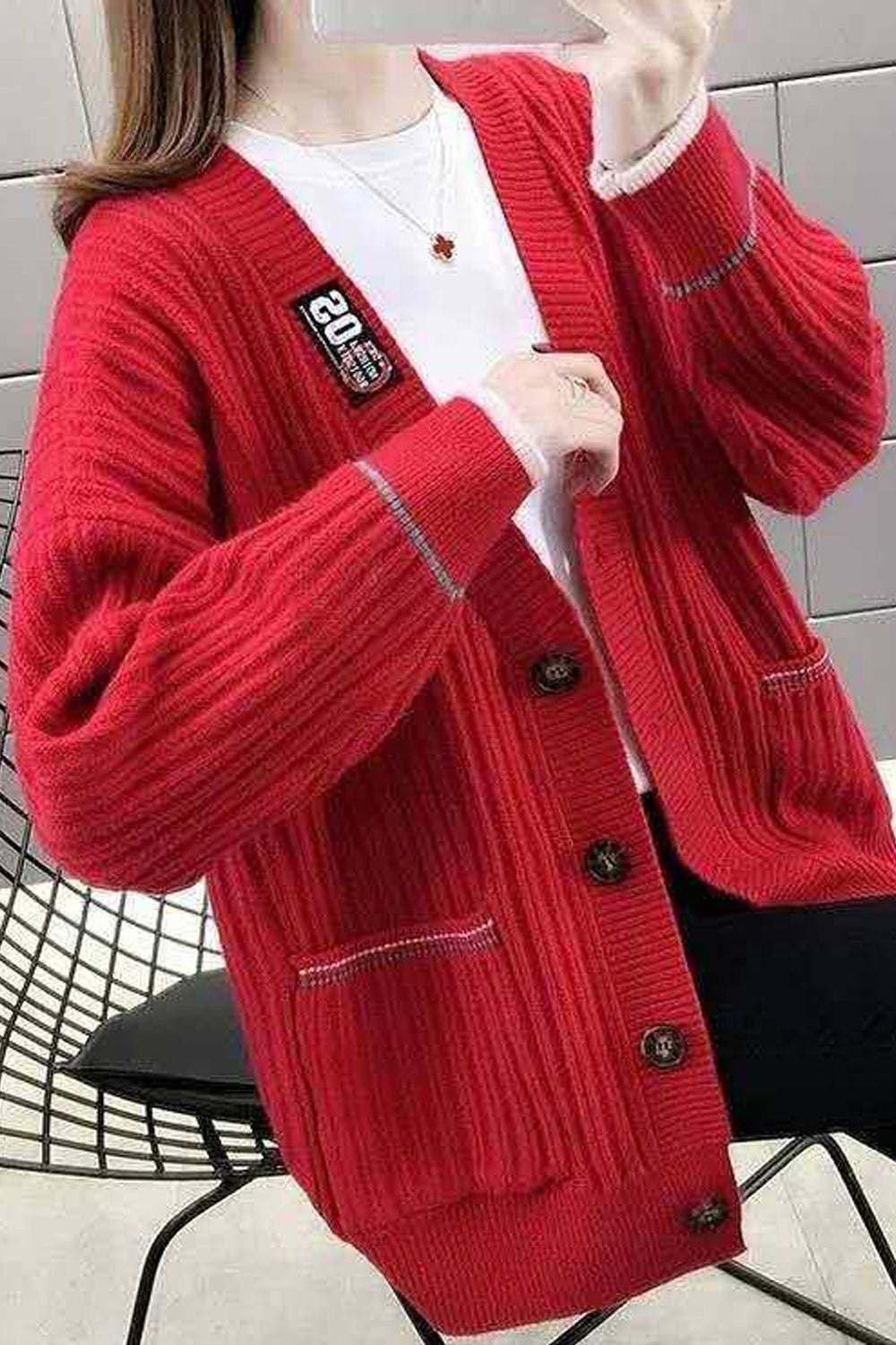 Women Knitted Ribbed Cuff V-Neck Button Closure Solid Pattern Weekend Cardigan