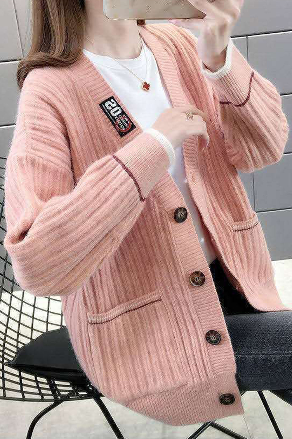 Women Knitted Ribbed Cuff V-Neck Button Closure Solid Pattern Weekend Cardigan