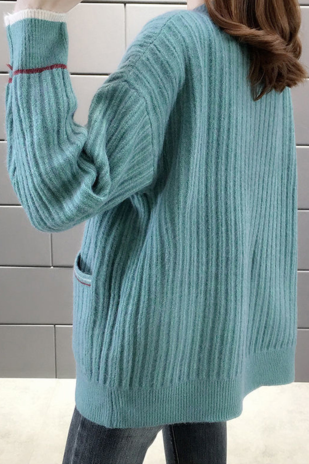 Women Knitted Ribbed Cuff V-Neck Button Closure Solid Pattern Weekend Cardigan