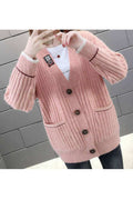Women Knitted Ribbed Cuff V-Neck Button Closure Solid Pattern Weekend Cardigan