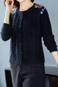 Women Decent Round Neck Printed Pattern Button Decorated Warm Cardigan