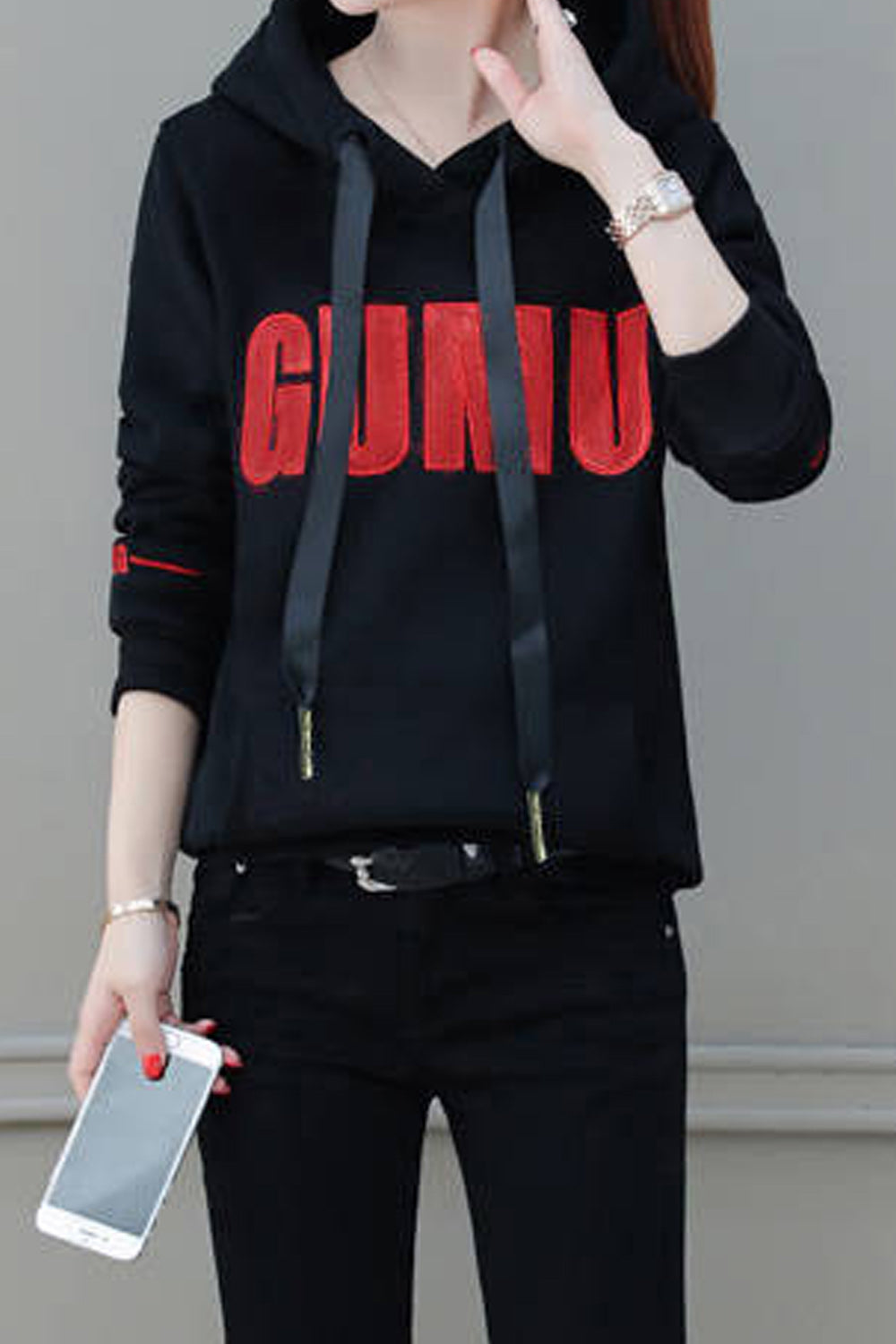 Women Pretty Letter Printed Warm Elastic Cuff & Hem Long Sleeve Lovely Hoodie