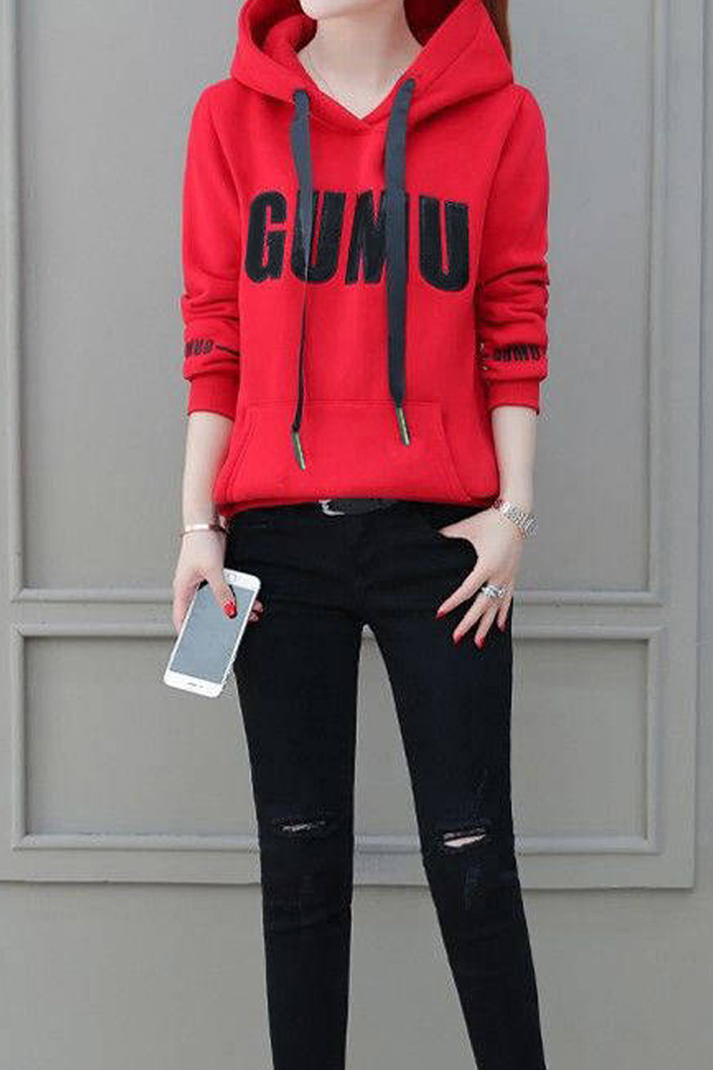 Women Pretty Letter Printed Warm Elastic Cuff & Hem Long Sleeve Lovely Hoodie