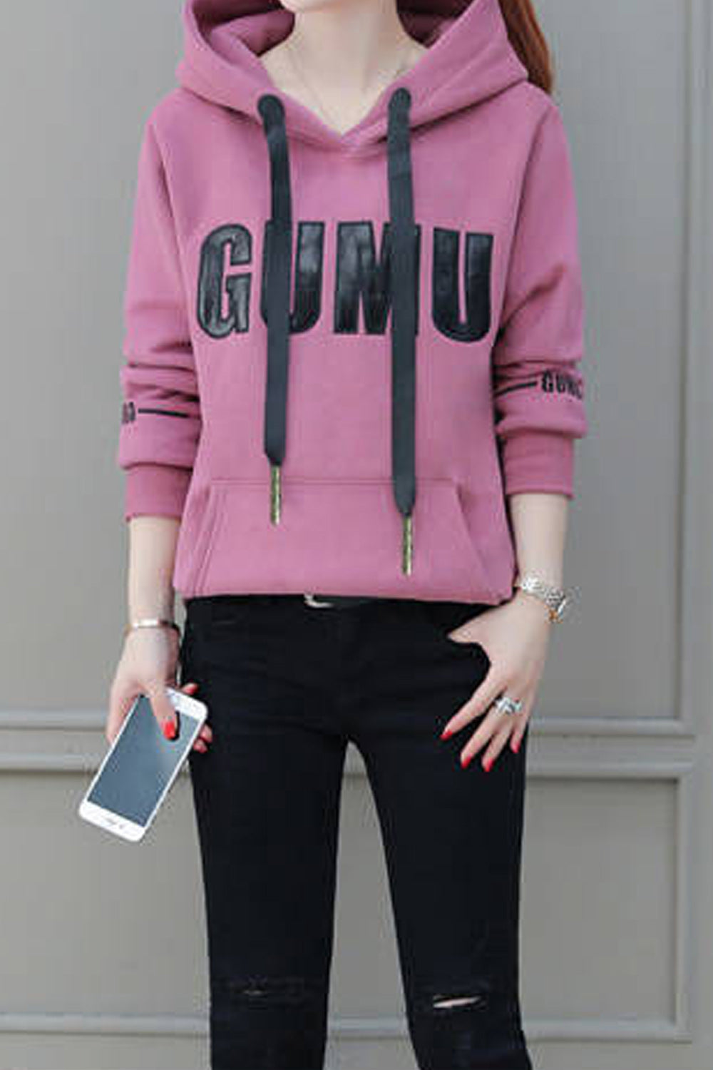 Women Pretty Letter Printed Warm Elastic Cuff & Hem Long Sleeve Lovely Hoodie