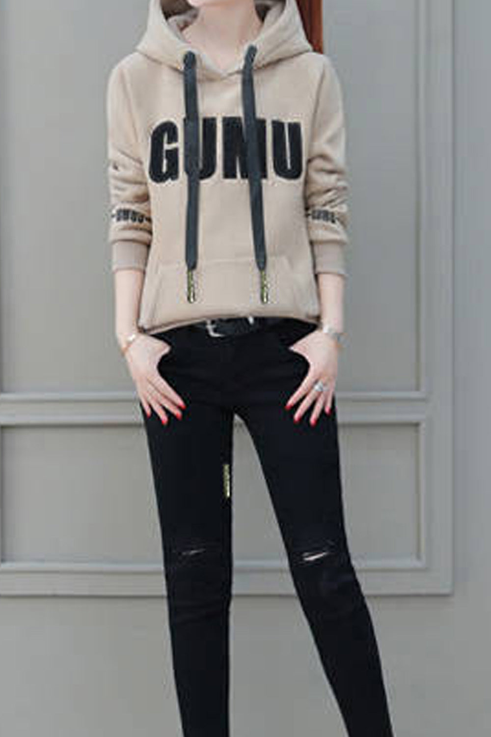 Women Pretty Letter Printed Warm Elastic Cuff & Hem Long Sleeve Lovely Hoodie