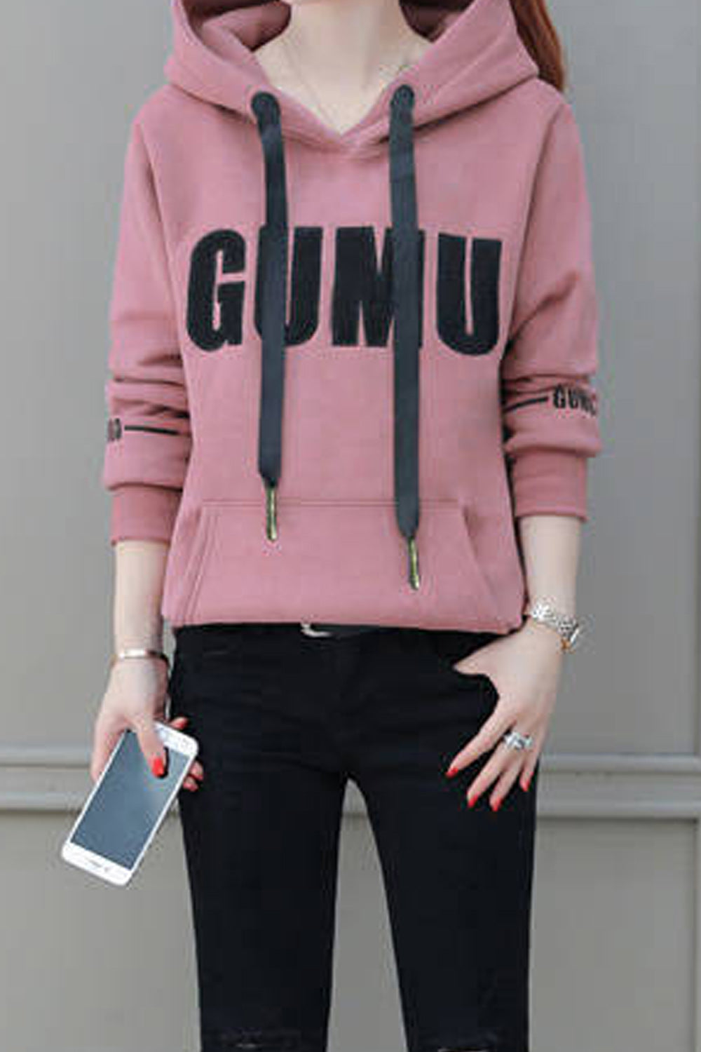 Women Pretty Letter Printed Warm Elastic Cuff & Hem Long Sleeve Lovely Hoodie