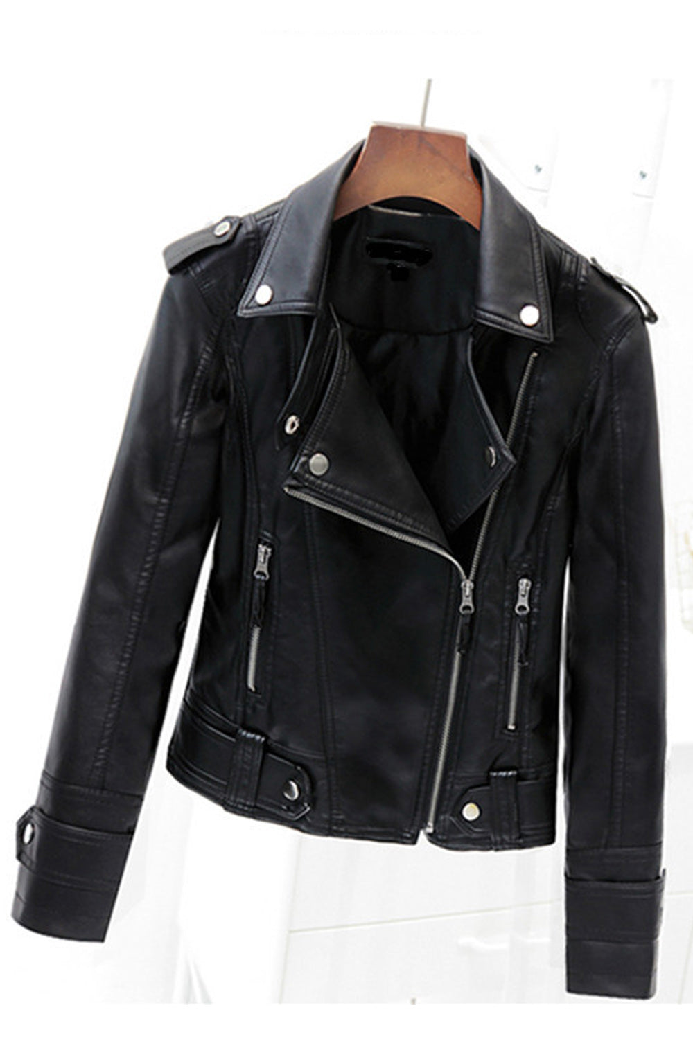 Women Zipper Closure Thick Long Sleeve Superb Collar Neck Slim Fit Warm PU Leather Jacket