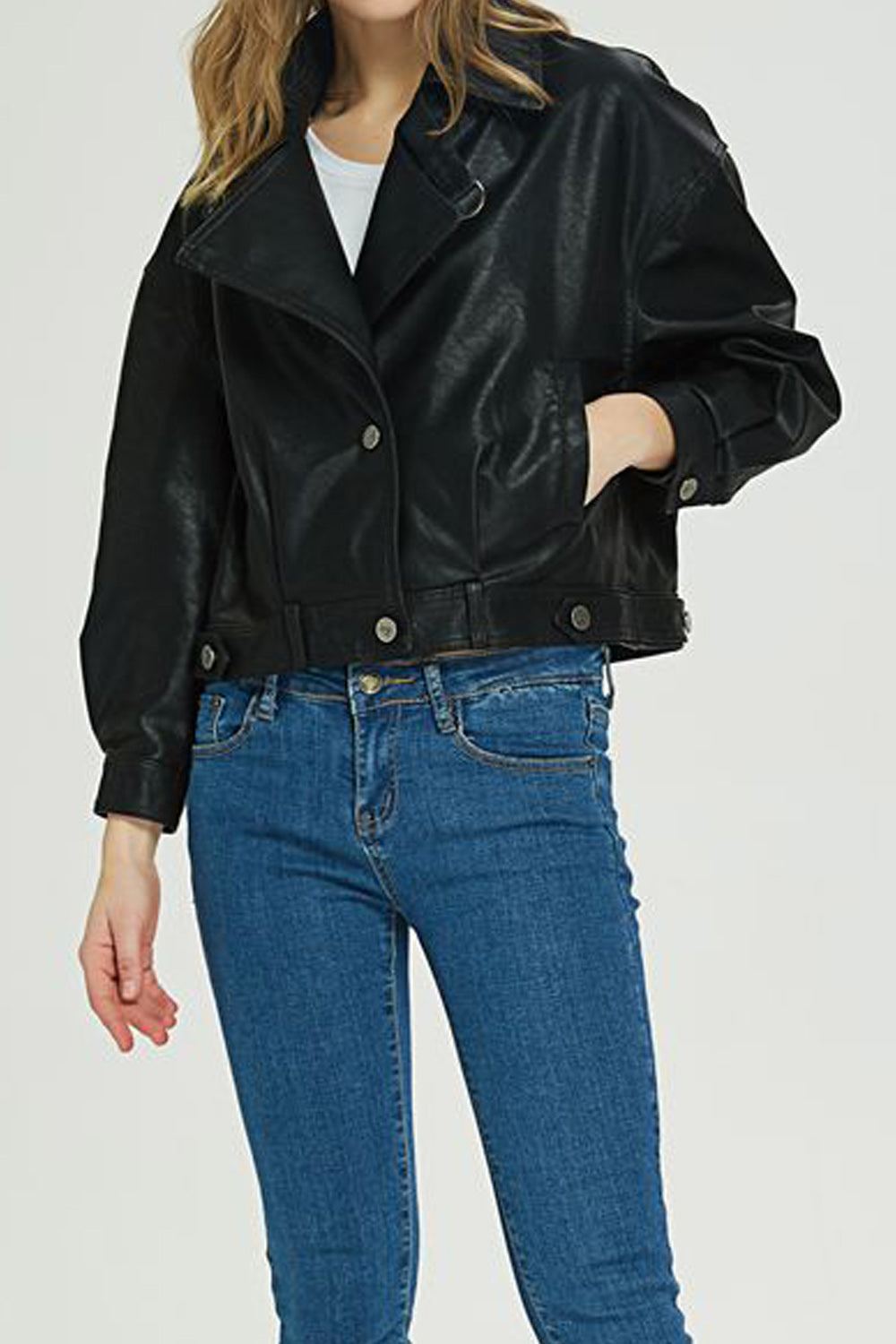 Women Button Closure Long Sleeve Loose Collar Neck Side Pockets Comfy Warm Solid Pattern PU Leather Jacket