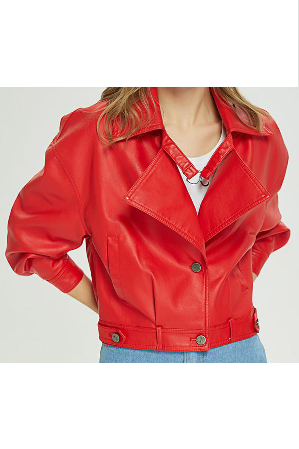Women Button Closure Long Sleeve Loose Collar Neck Side Pockets Comfy Warm Solid Pattern PU Leather Jacket