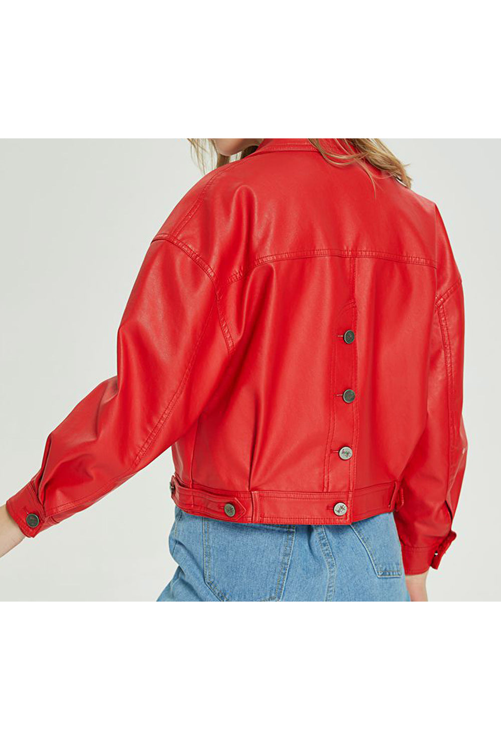 Women Button Closure Long Sleeve Loose Collar Neck Side Pockets Comfy Warm Solid Pattern PU Leather Jacket