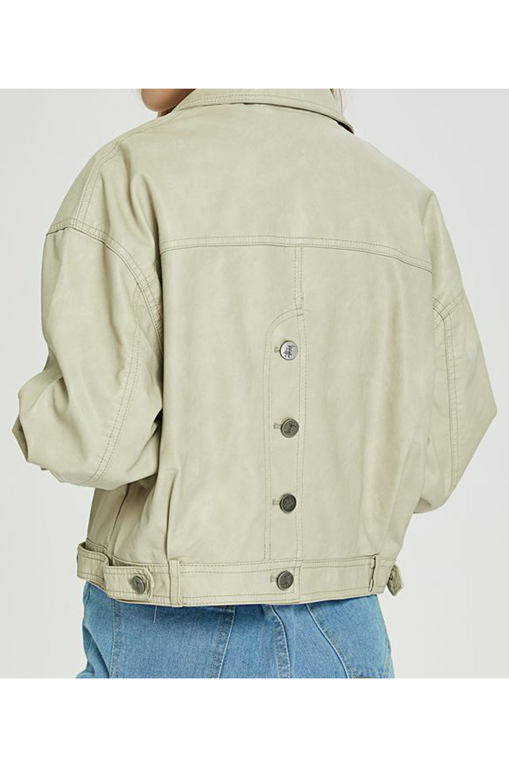Women Button Closure Long Sleeve Loose Collar Neck Side Pockets Comfy Warm Solid Pattern PU Leather Jacket