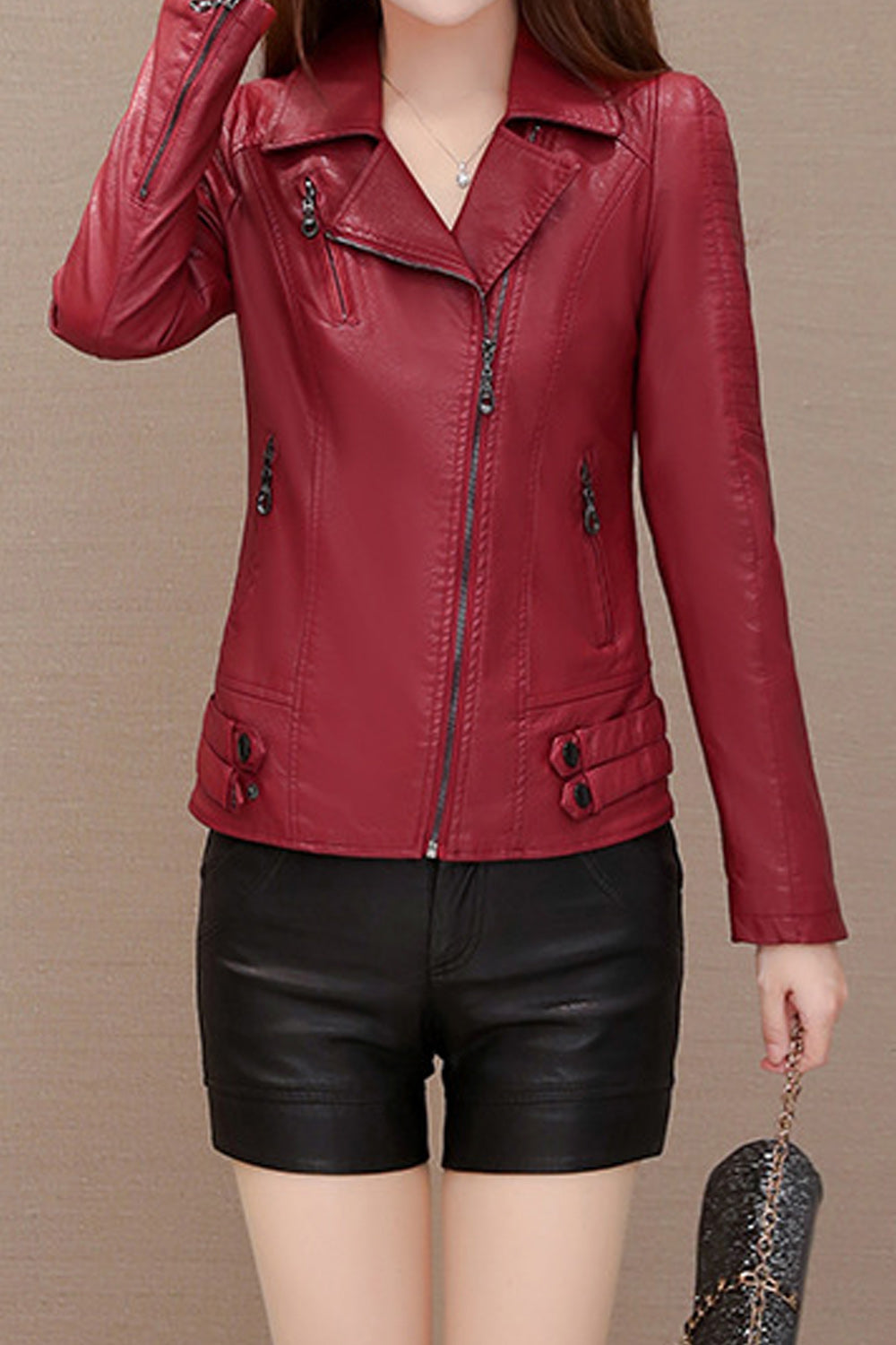 Women Long Sleeve Thick Slim Fit Lovely Collar Neck Solid Pattern Winter Casual PU Leather Jacket
