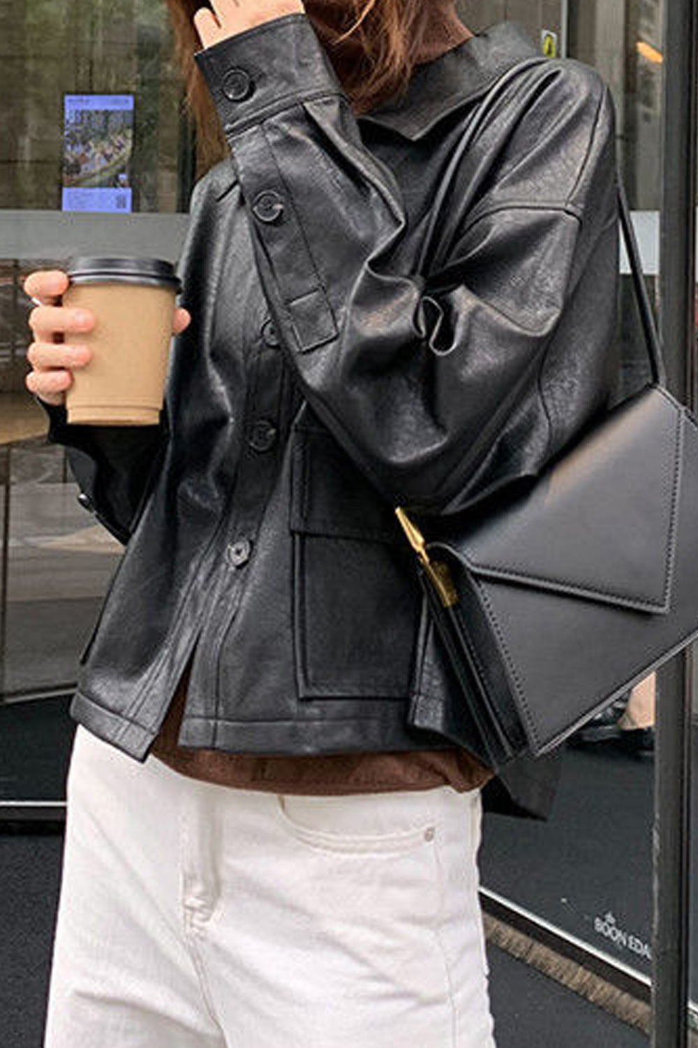 Women Stylish Solid Colored Collar Neck Button Closure Thick Long Sleeve PU Leather Jacket