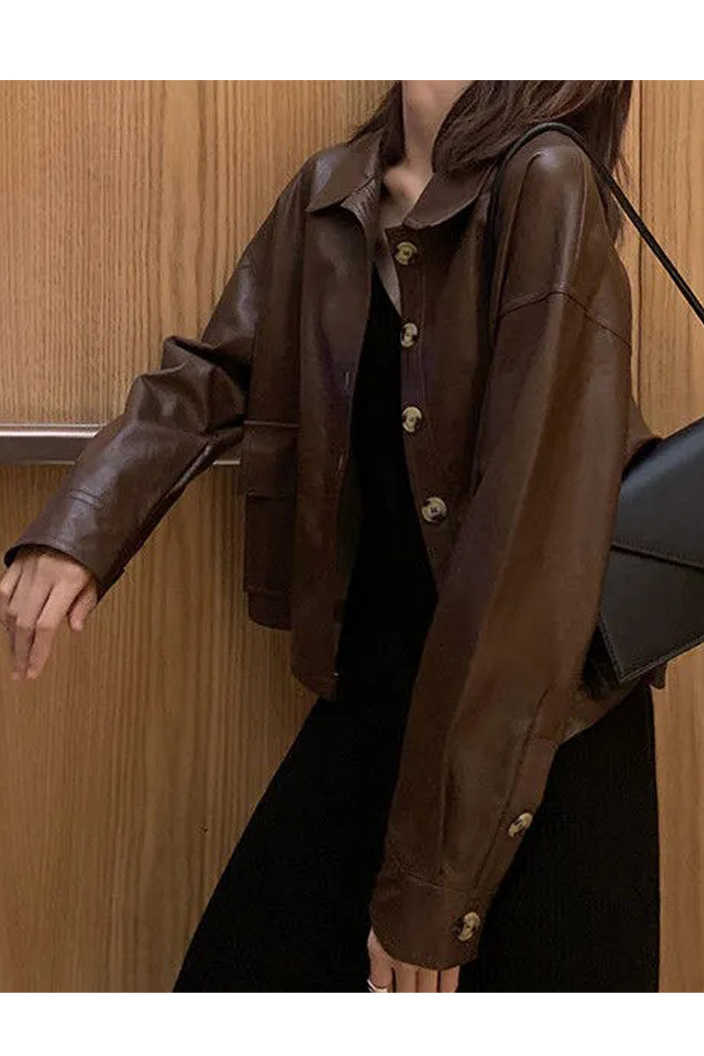 Women Stylish Solid Colored Collar Neck Button Closure Thick Long Sleeve PU Leather Jacket