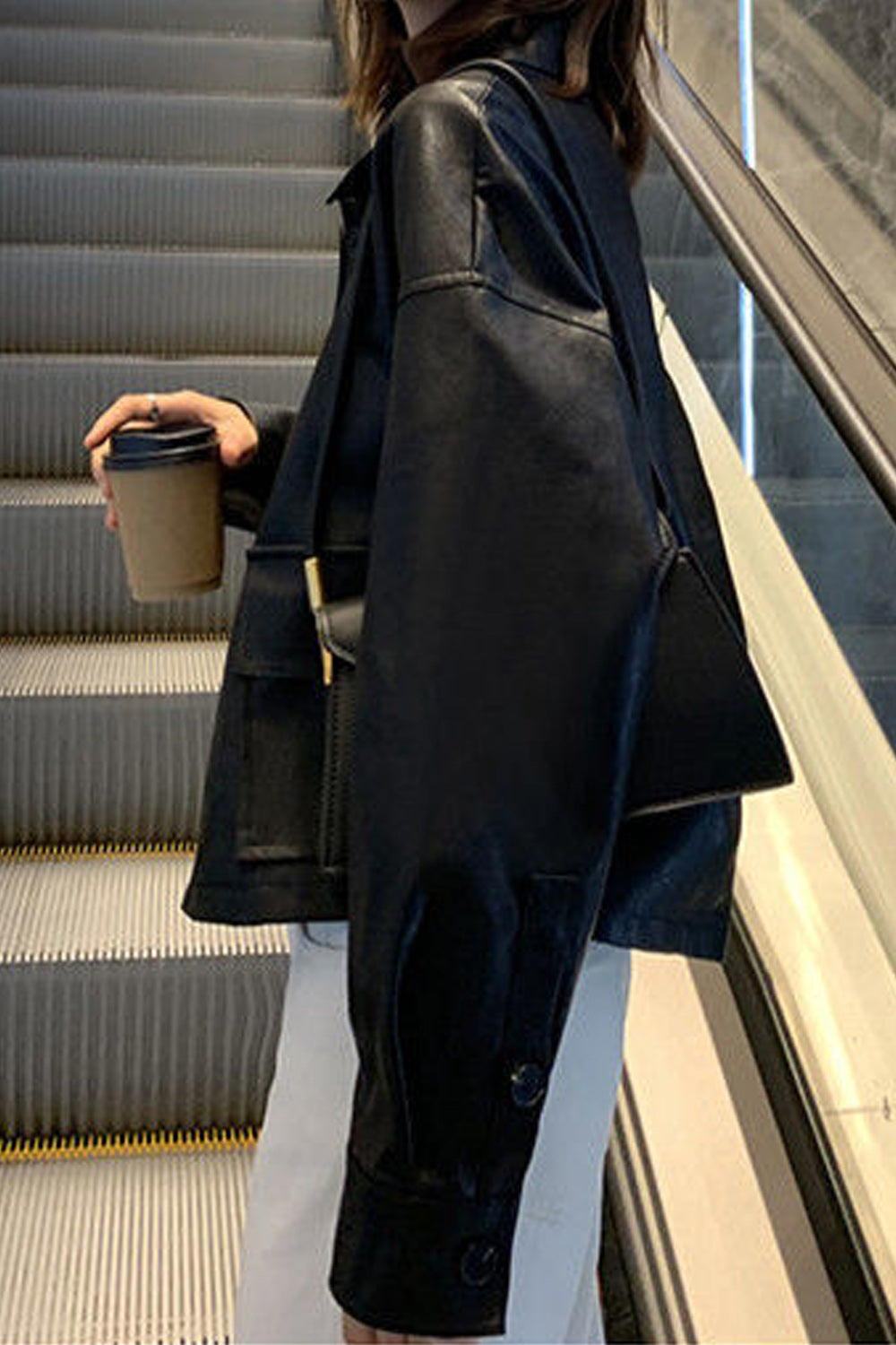 Women Stylish Solid Colored Collar Neck Button Closure Thick Long Sleeve PU Leather Jacket