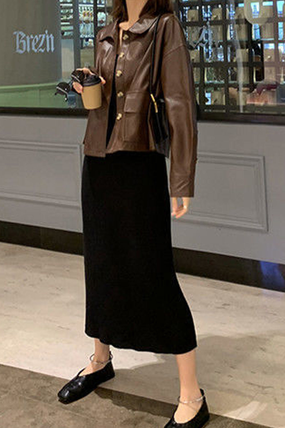 Women Stylish Solid Colored Collar Neck Button Closure Thick Long Sleeve PU Leather Jacket