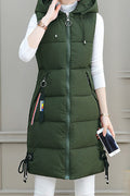 Women Sleeveless Style Mid Length Windproof Solid Pattern Zipper Closure Warm Padded Vest