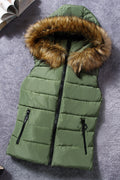 Women Fluffy Hood Solid Colored Windproof Soft Zipper Closure Winter Warm Padded Vest