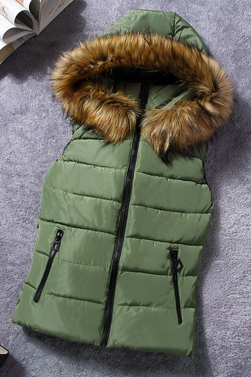 Women Fluffy Hood Solid Colored Windproof Soft Zipper Closure Winter Warm Padded Vest