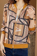 Women Stylish Printed Pattern Long Sleeve Ribbed Hem V-Neck Zipper Closure Chiffon Casual Dress