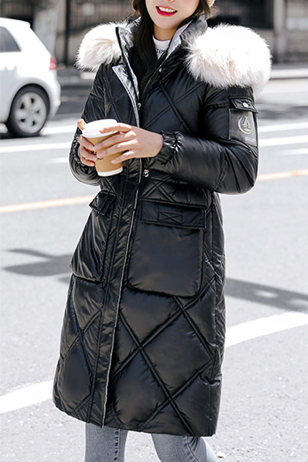 Women Stylish Flap Pockets Fluffy Hood Long Sleeve Mid Length Thick Solid Pattern Padded Jacket