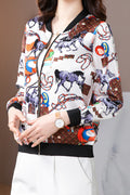 Women Pretty Printed Pattern Long Sleeve Zipper Closure Stand Up Collar Casual Jacket