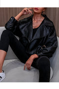 Women Collar Neck Loose Thick Winter Season Outdoor Long Sleeve Solid Pattern PU Leather Jacket