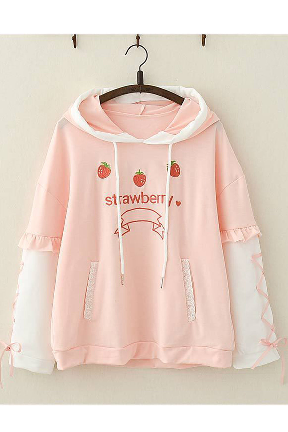 Women Strawberry Printed Long Sleeve Pullover Side Pocket Hoodie
