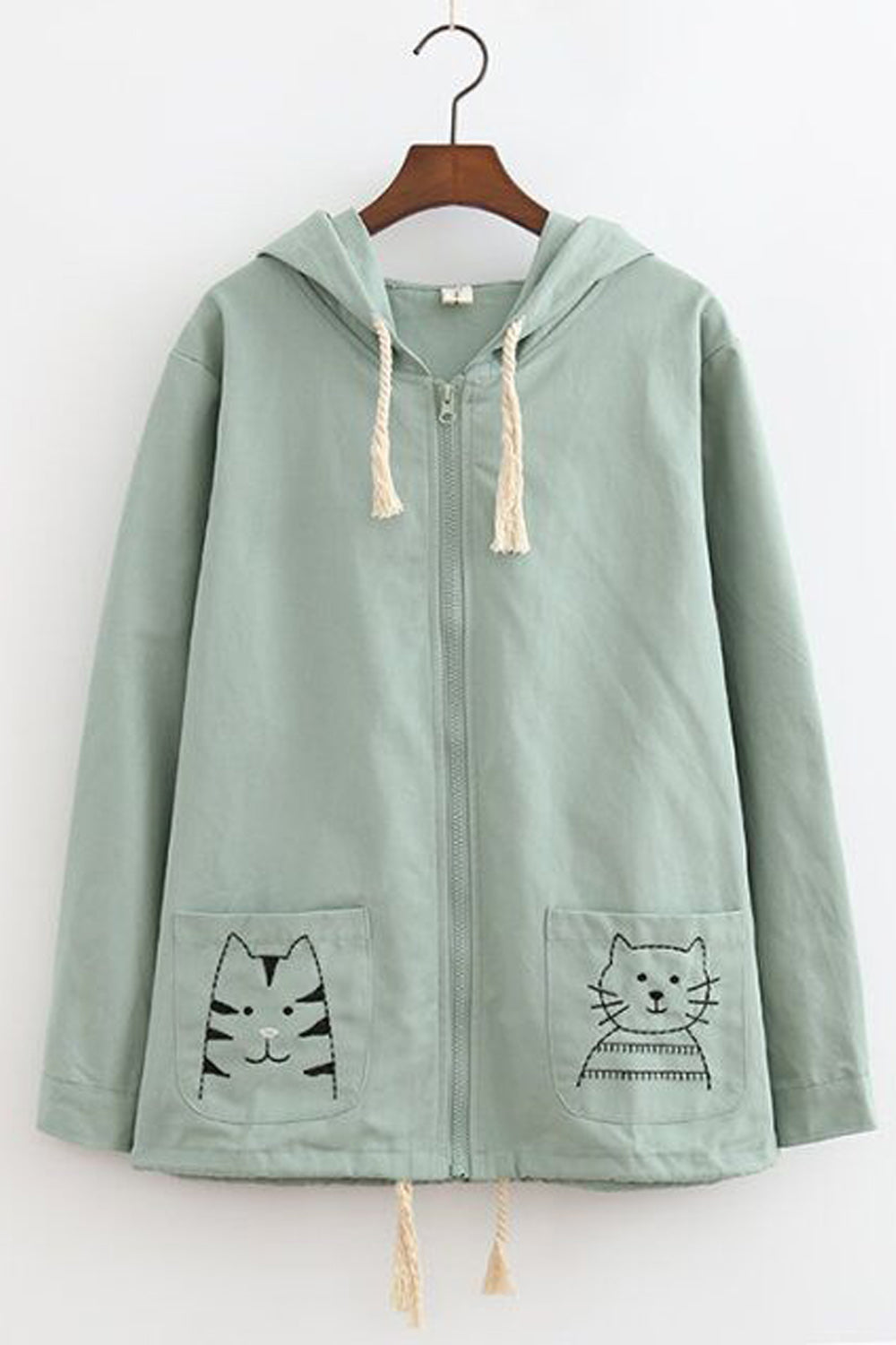 Women Solid Colored Side Double Pocket Zipper Closure Long Sleeve Hoodie