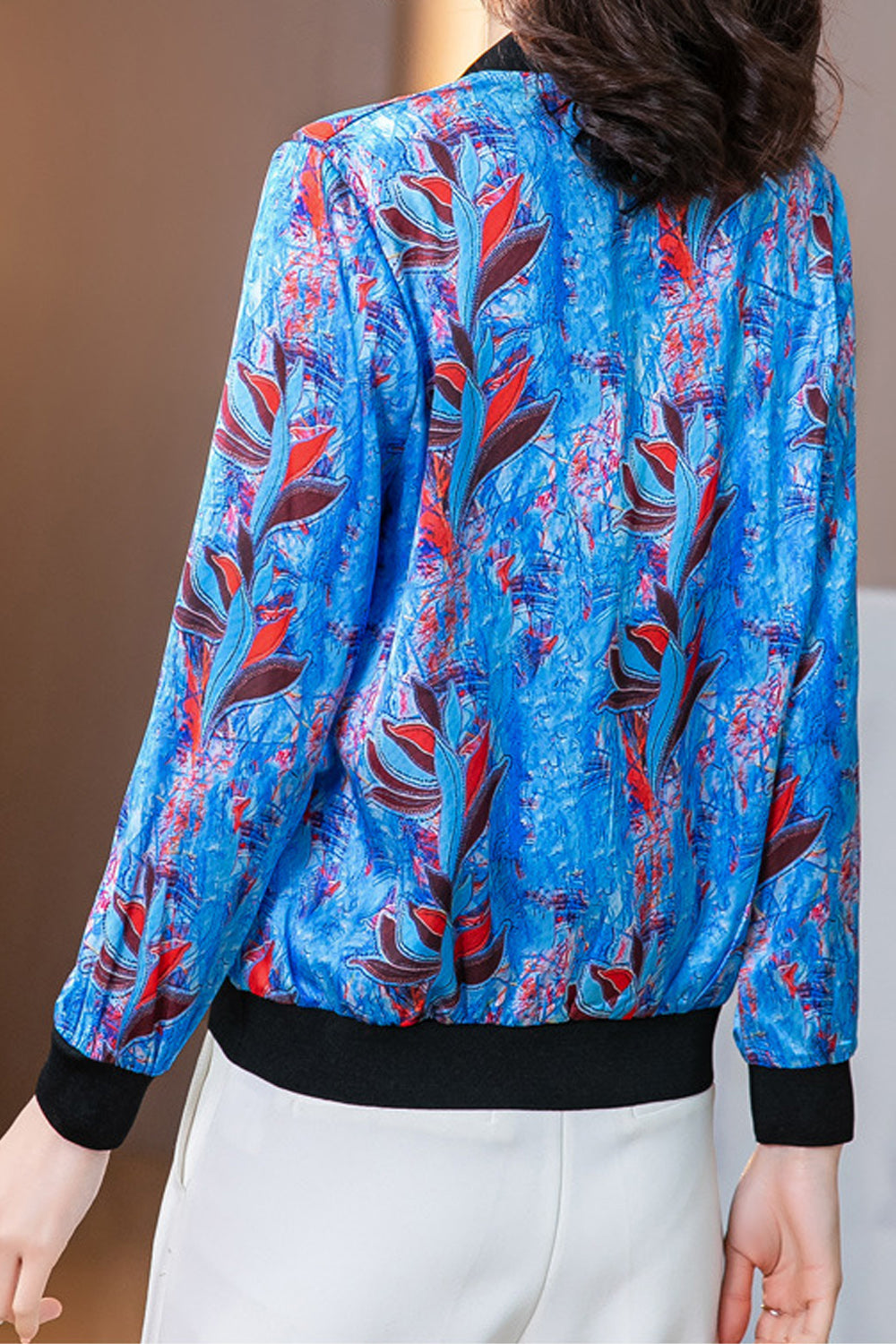 Women Amazing Stand Up Collar Printed Pattern Zipper Closure Comfortable Long Sleeve Casual Jacket