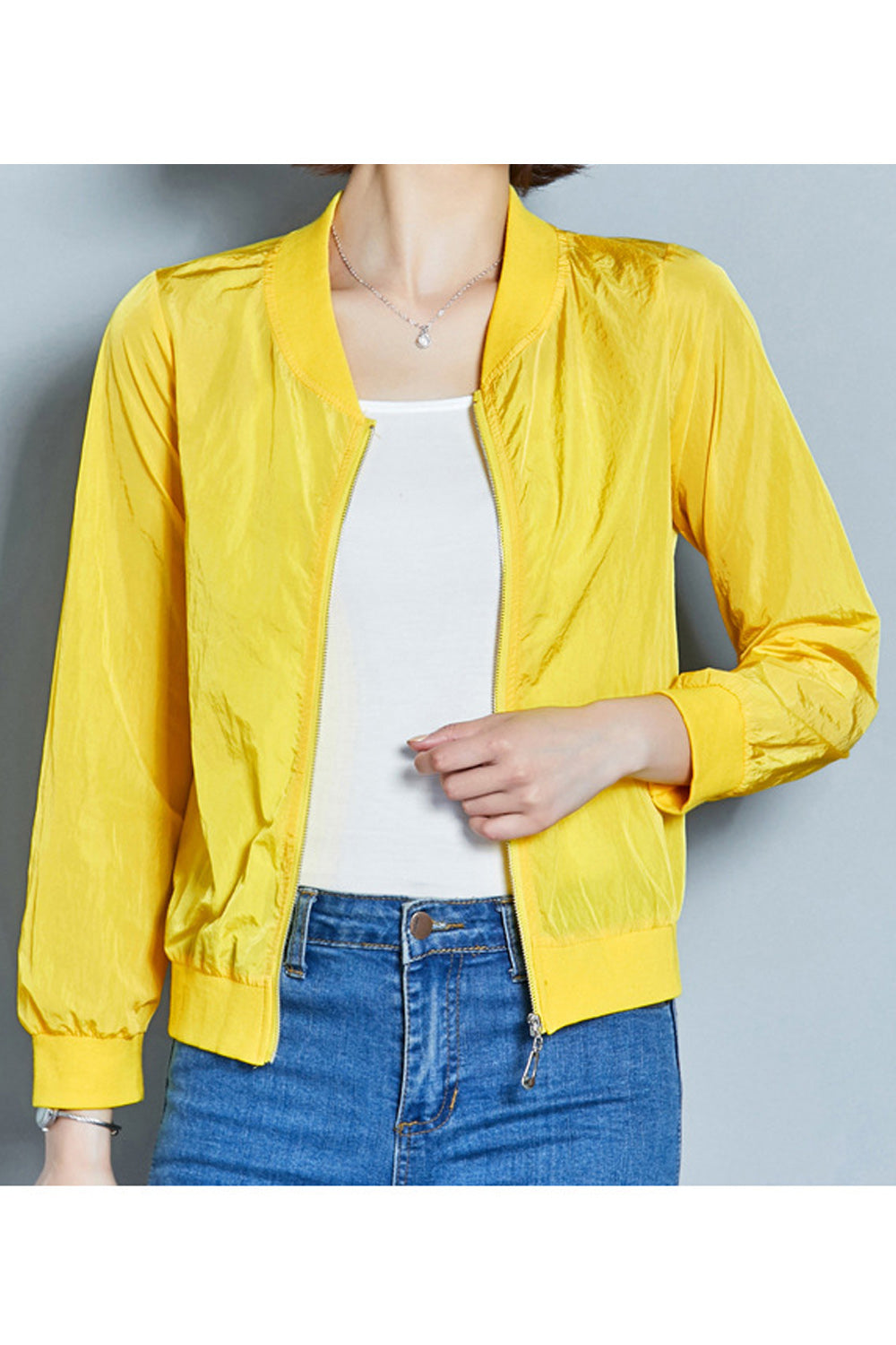 Women Comfortable V-Neck Long Sleeve Solid Pattern Ribbed Hem Zipper Closure Casual Jacket