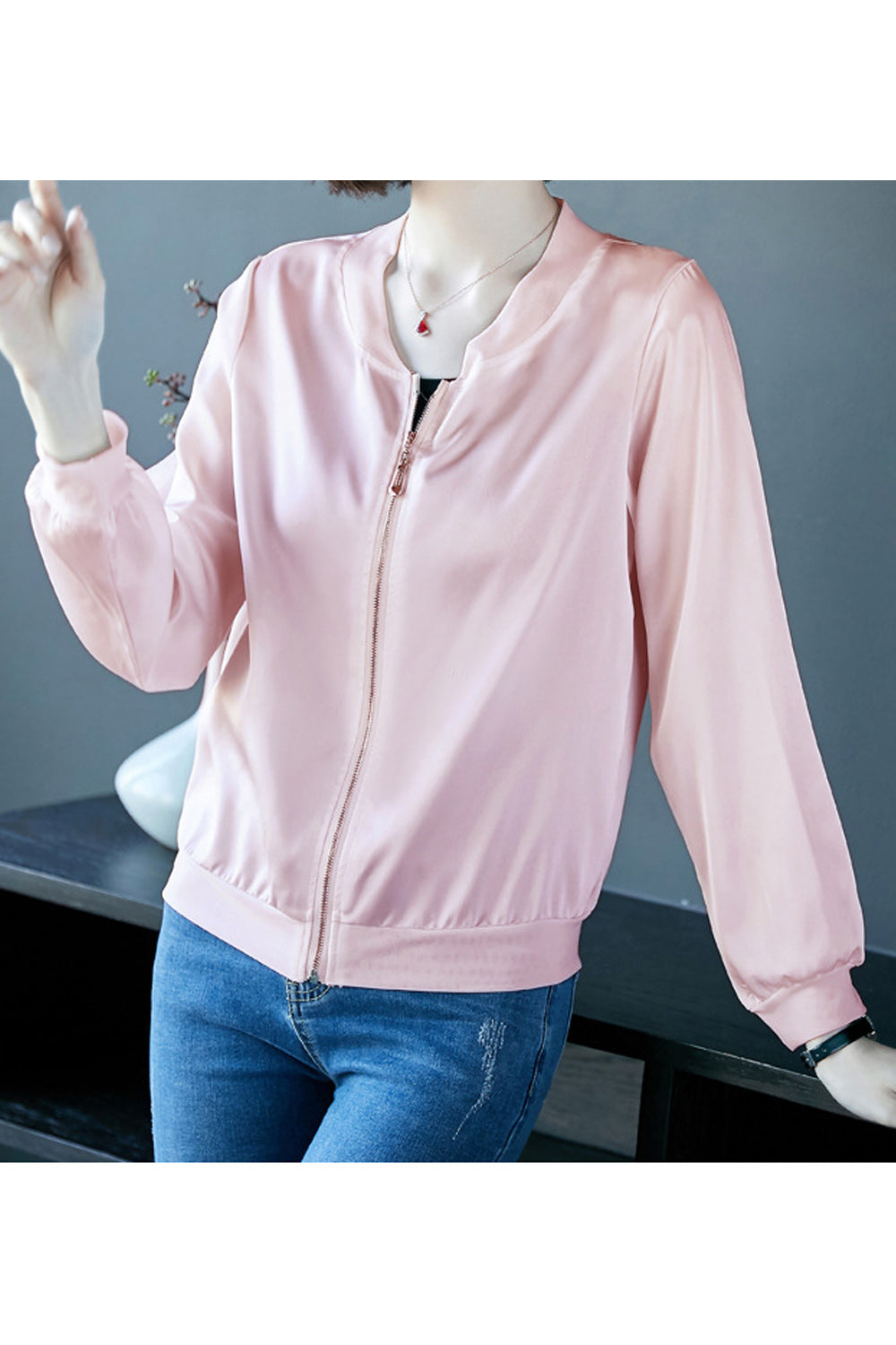 Women Alluring Long Sleeve Solid Colored V-Neck Zipper Closure Beautiful Casual Jacket