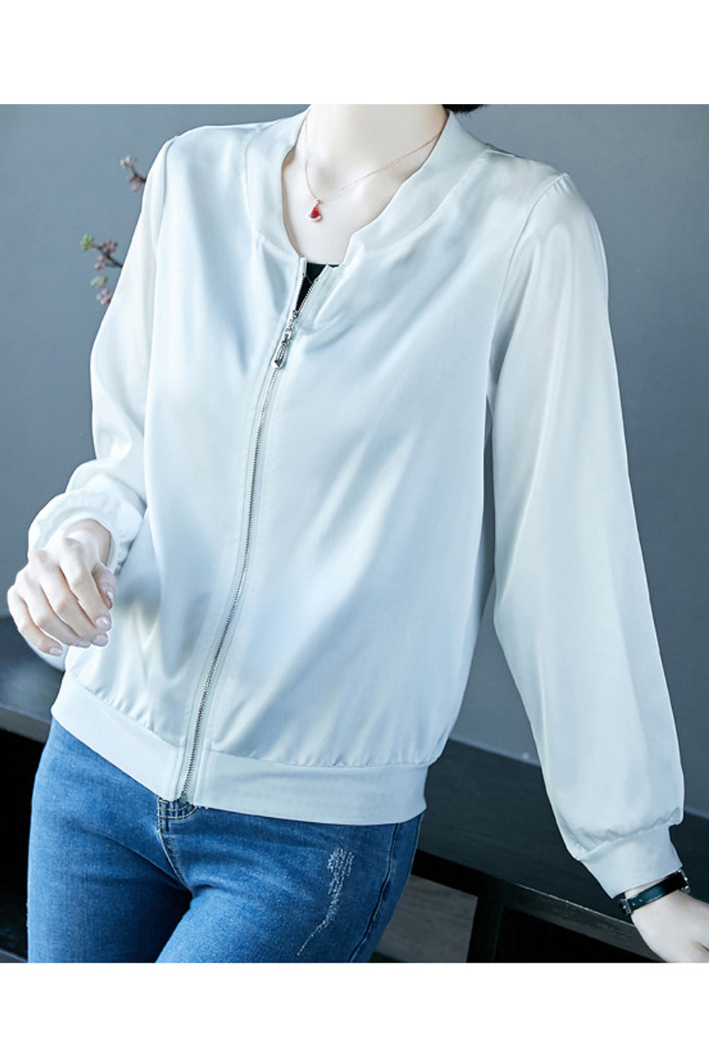 Women Alluring Long Sleeve Solid Colored V-Neck Zipper Closure Beautiful Casual Jacket