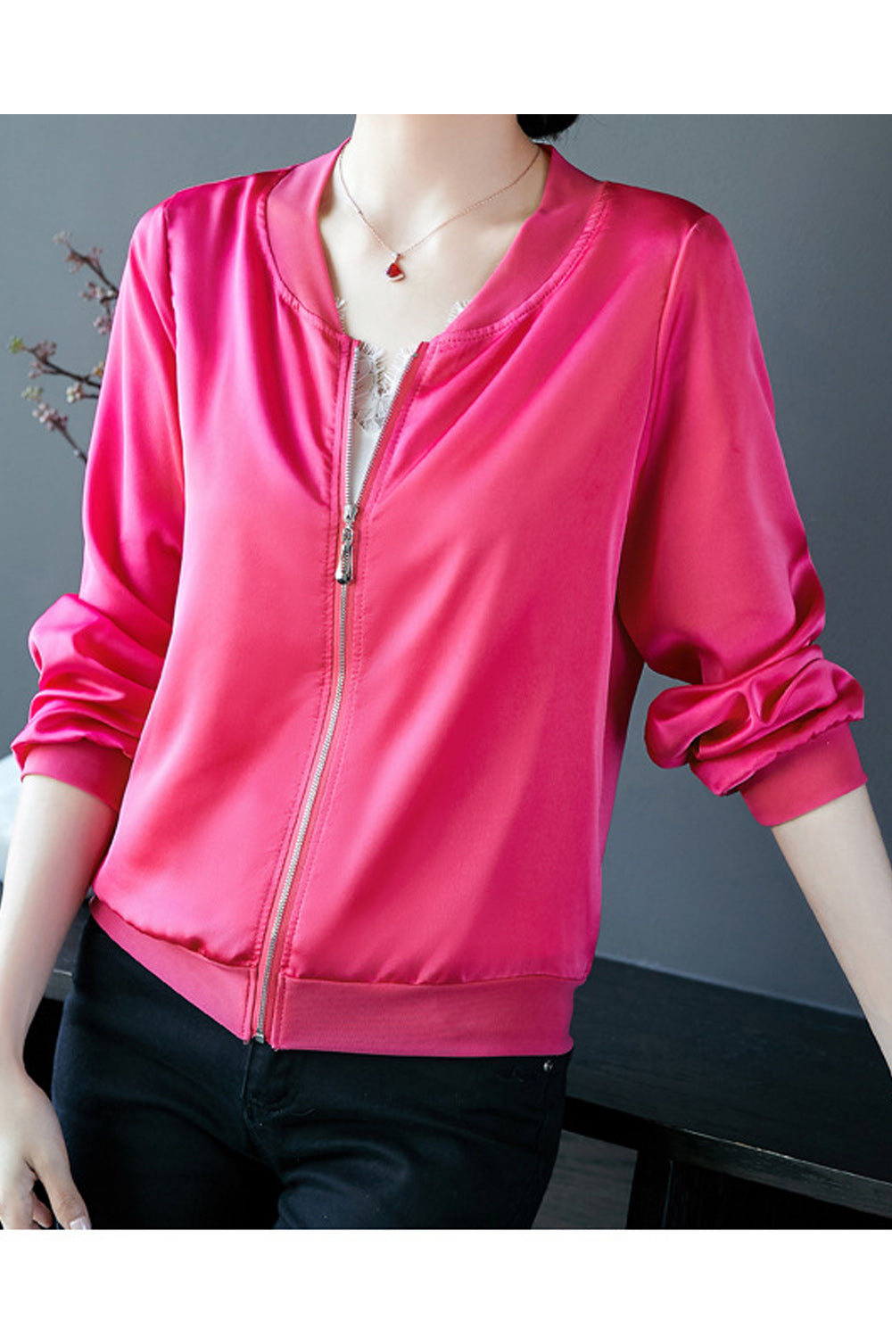 Women Alluring Long Sleeve Solid Colored V-Neck Zipper Closure Beautiful Casual Jacket
