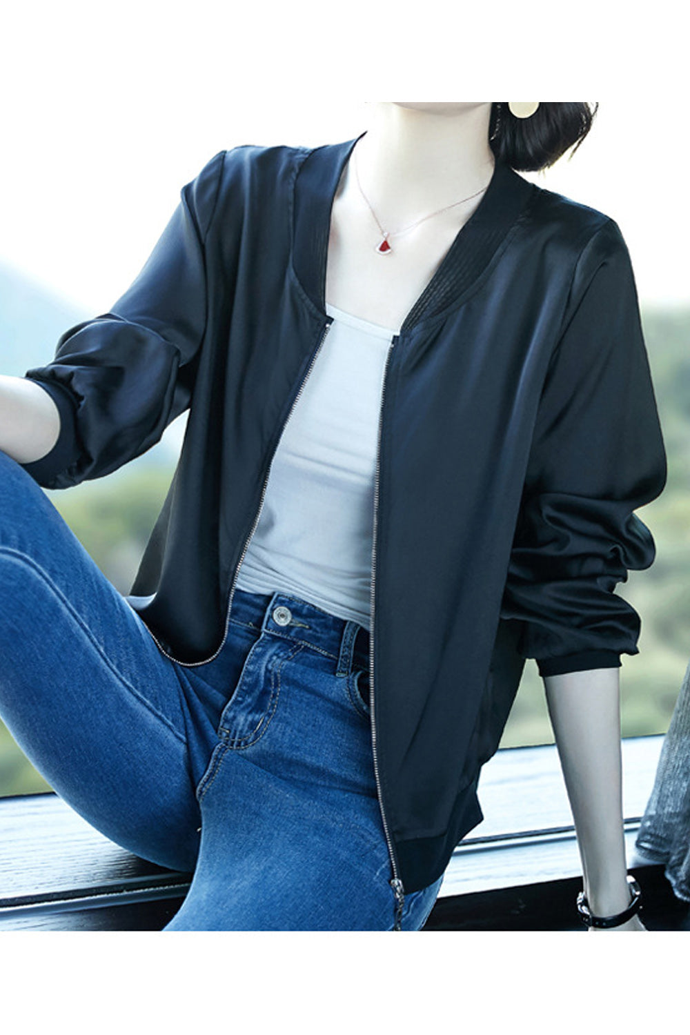 Women Alluring Long Sleeve Solid Colored V-Neck Zipper Closure Beautiful Casual Jacket