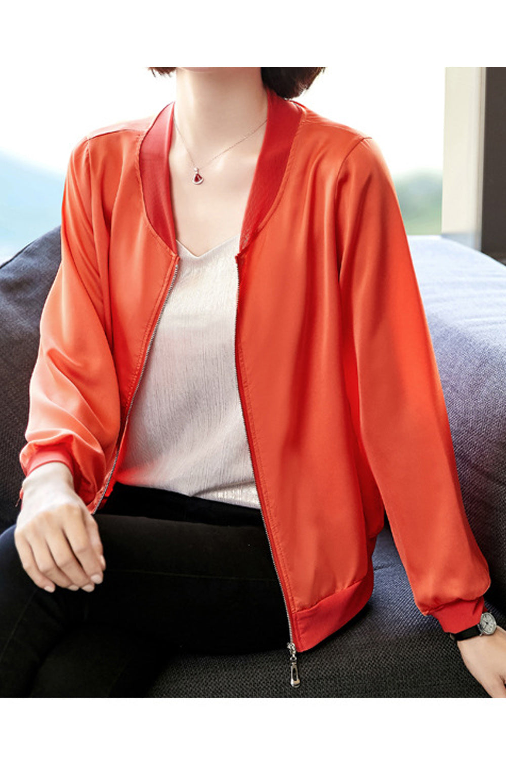 Women Alluring Long Sleeve Solid Colored V-Neck Zipper Closure Beautiful Casual Jacket