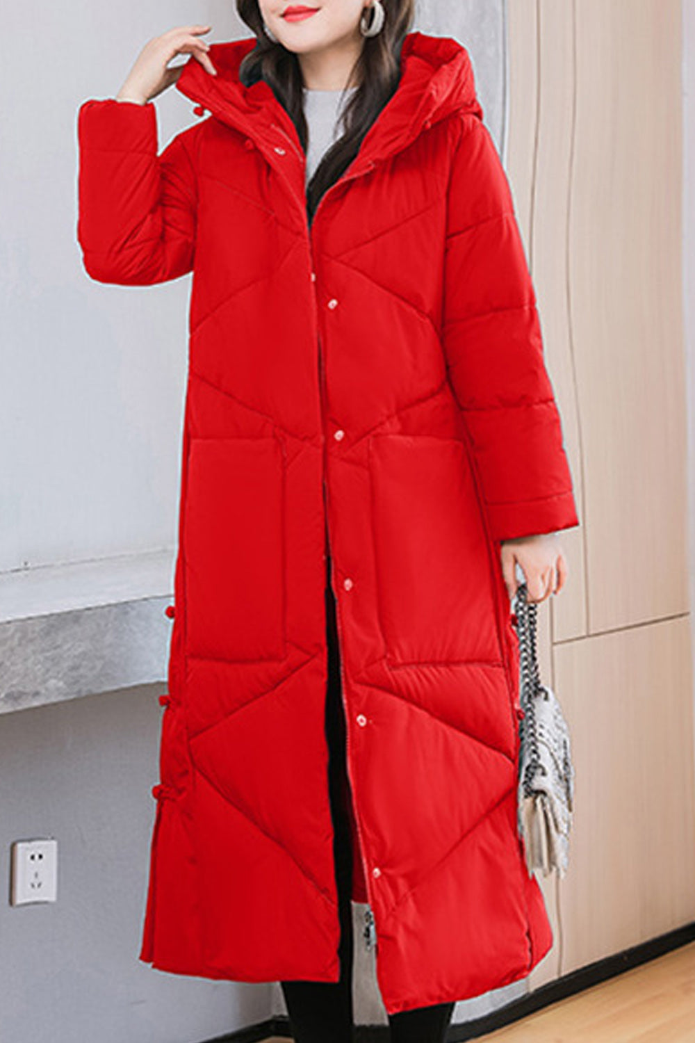 Women Splendid Solid Colored Mid Length Thick Hood Neck Snap Button Easy Long Sleeve Padded Jacket