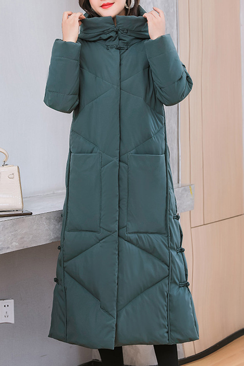 Women Splendid Solid Colored Mid Length Thick Hood Neck Snap Button Easy Long Sleeve Padded Jacket