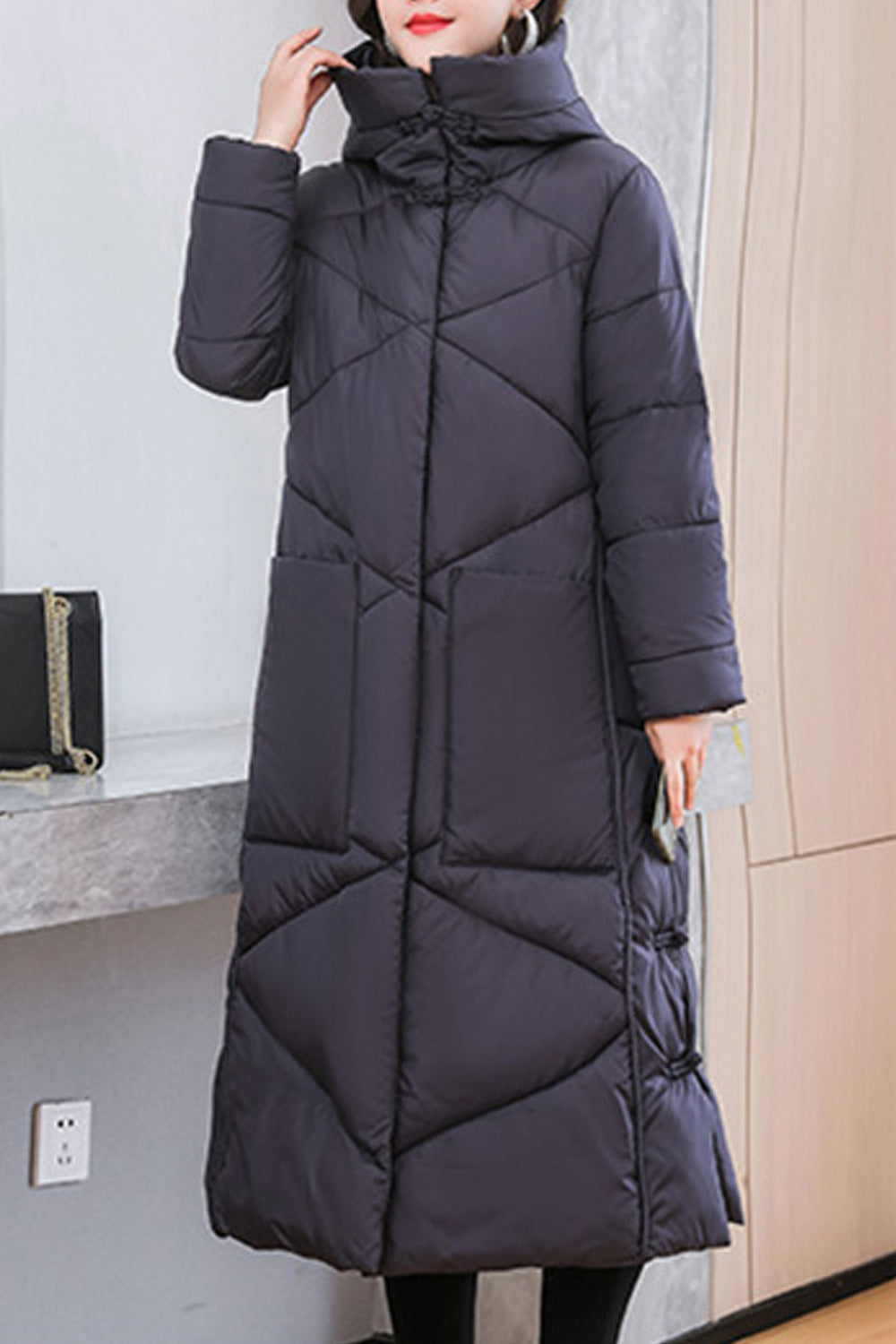Women Splendid Solid Colored Mid Length Thick Hood Neck Snap Button Easy Long Sleeve Padded Jacket