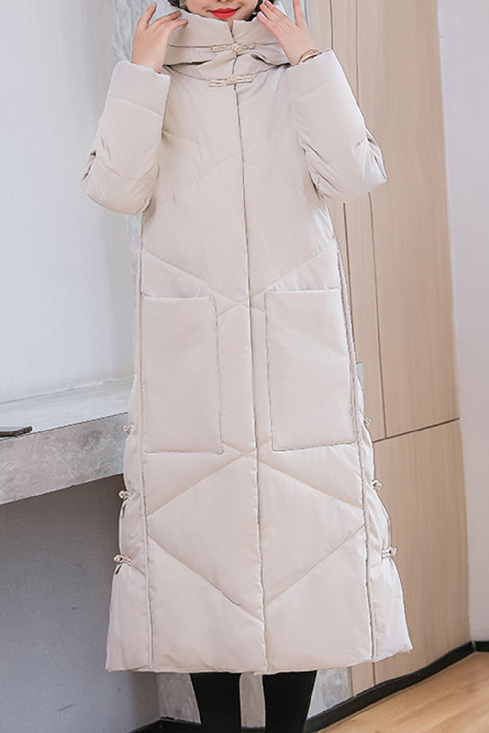 Women Splendid Solid Colored Mid Length Thick Hood Neck Snap Button Easy Long Sleeve Padded Jacket