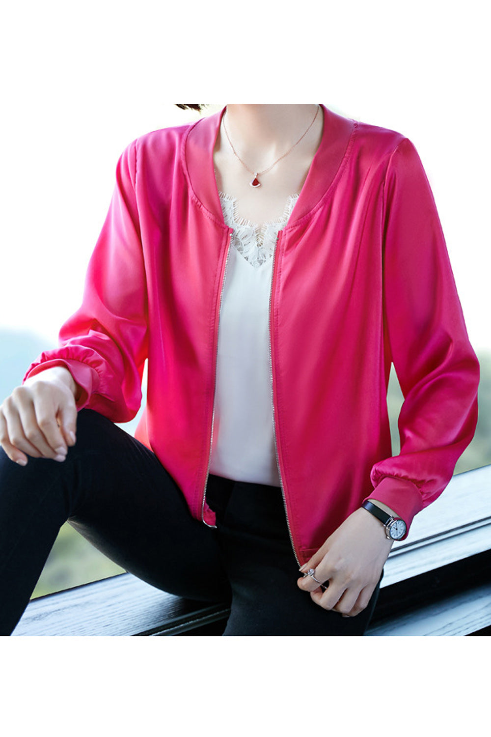 Women Alluring Long Sleeve Solid Colored V-Neck Zipper Closure Beautiful Casual Jacket