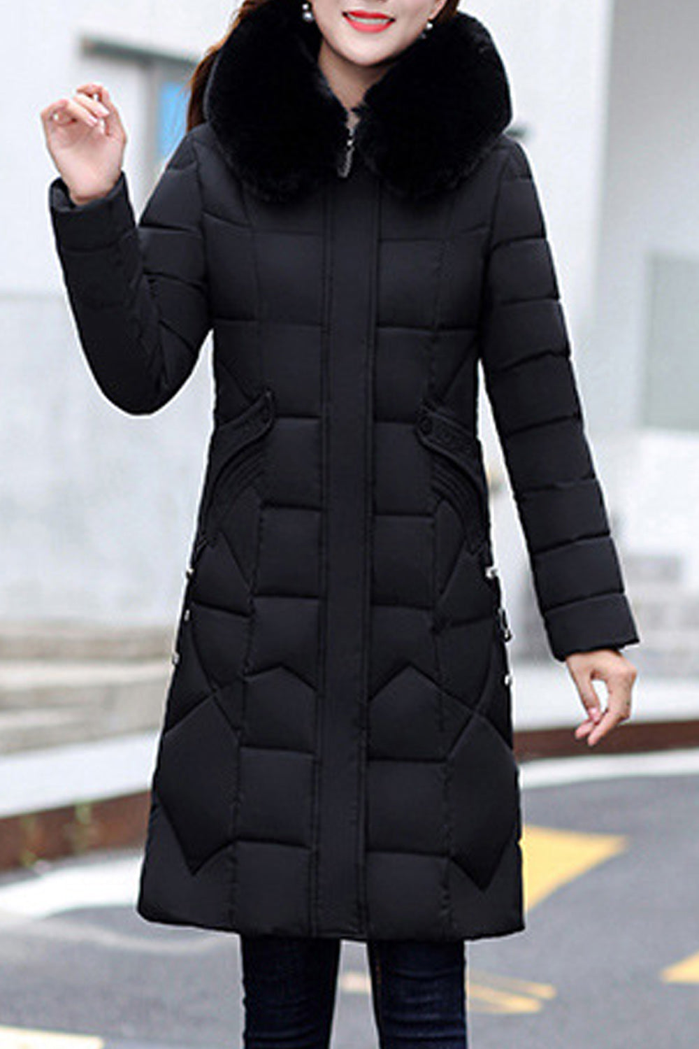 Women Mid Length Elegant Fluffy Hood Long Sleeve Solid Pattern Cozy Magnificent Padded Jacket