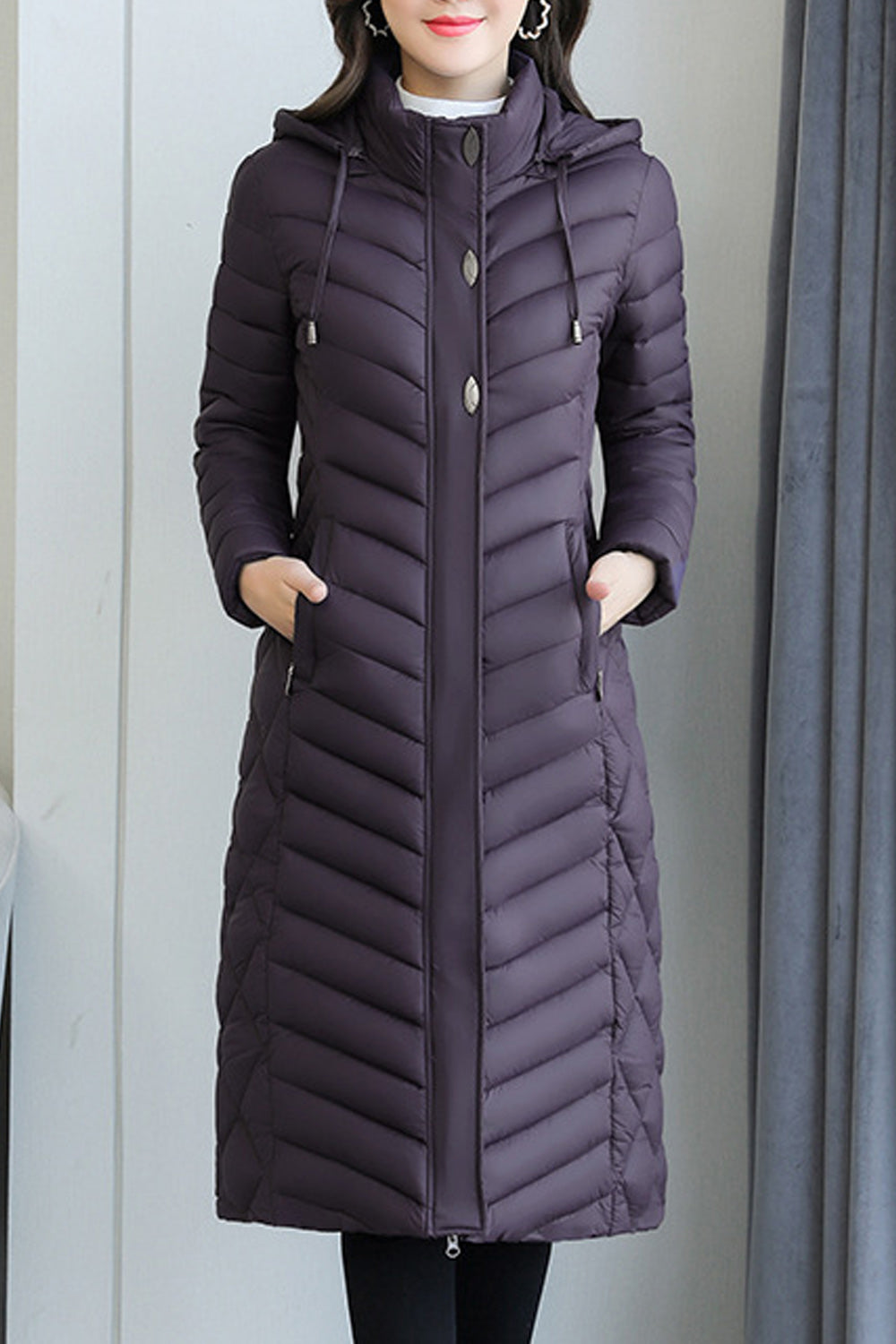 Women Mid Length Thick Casual Cotton Solid Pattern Easy Zip Up Closure Hood Neck Padded Jacket