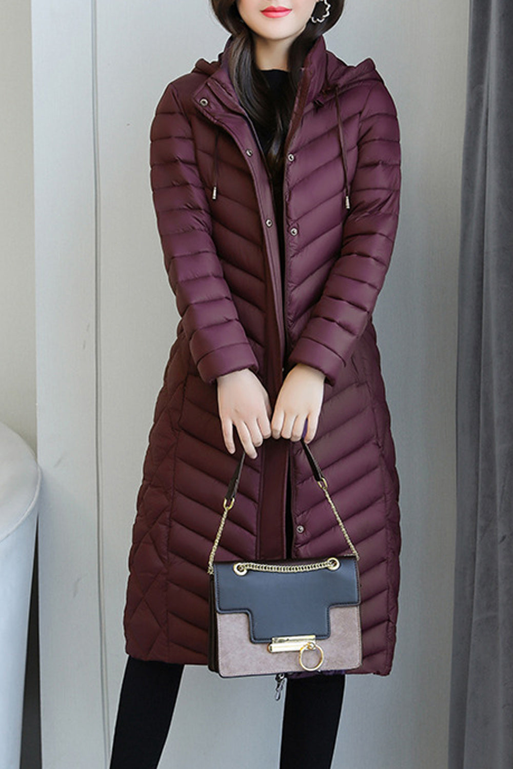 Women Mid Length Thick Casual Cotton Solid Pattern Easy Zip Up Closure Hood Neck Padded Jacket
